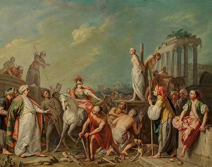 克洛林达拯救奥林多和索夫罗尼亚`Clorinda Rescuing Olindo and Sophronia (circa 1740) by Jacopo Amigoni