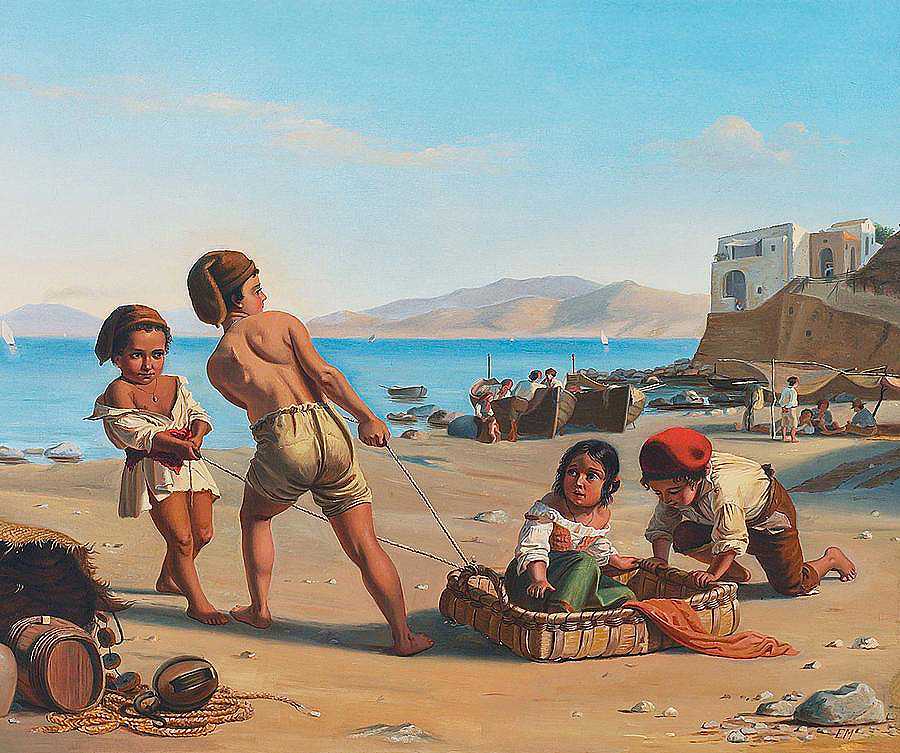 孩子们玩耍的意大利海滩派对`Italian Beach Party with Children Playing by Ernst Meyer