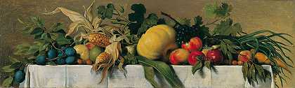 白色桌布上有水果和蔬菜的静物画`Stillleben mit Obst und Gemüse auf weißem Tischtuch (1830~1840) by Johann Peter Krafft