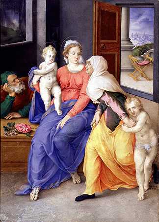 圣伊莎贝尔和圣胡安尼托的神圣家庭`Holy Family with Santa Isabel and San Juanito (between 1556 and 1557) by Giulio Clovio