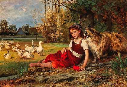 正在休息的小鹅姑娘`Young Goose Girl Resting by Anton Dieffenbach