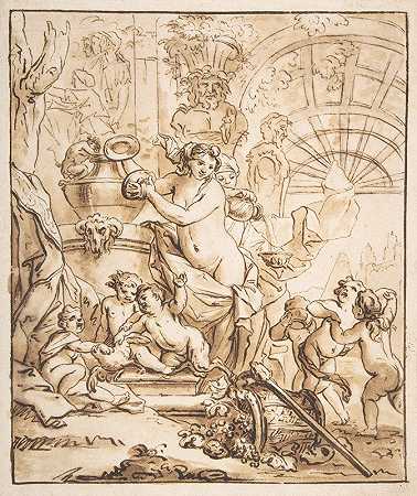 有仙女和普蒂的酒神场景`Bacchanalian Scene with Nymphs and Putti by Gerard de Lairesse