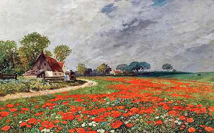 罂粟花和雏菊`Field of Poppies with Daisies by Adolf Kaufmann