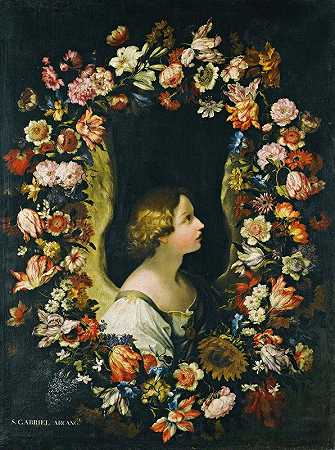 天使加布里埃尔周围的花环`A Flower Garland Surrounding The Angel Gabriel by Francesco Caldei