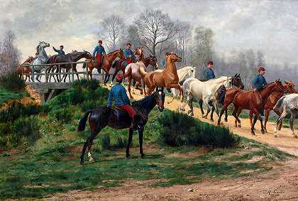 牵着马过桥的士兵`Soldiers Leading Horses over a Bridge by Jean Richard Goubie