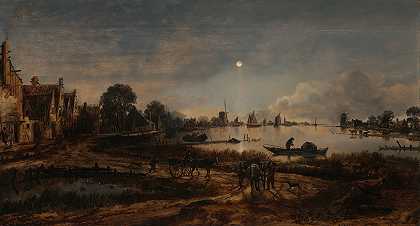 河景`River View by Moonlight (c. 1650 ~ c. 1655) by Moonlight by Aert van der Neer