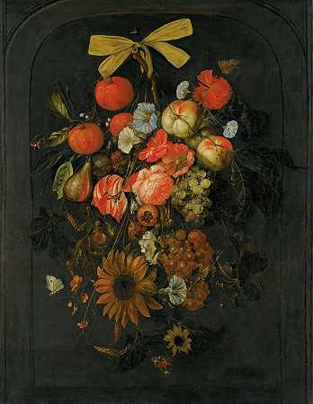 花果花环`Festoon of flowers and fruit by Cornelis de Heem