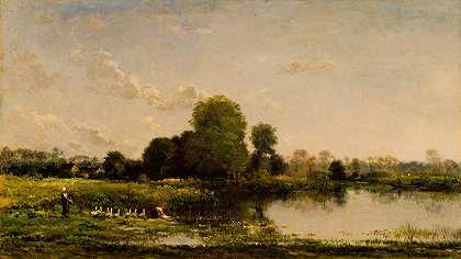 有家禽的河岸`Riverbank with Fowl (1868) by Charles François Daubigny
