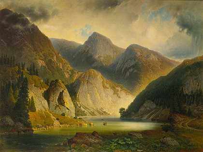 高山湖泊`An Alpine Lake (1870) by Aleksander Swieszewski