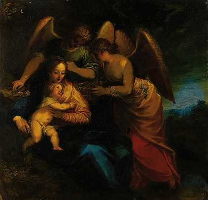 麦当娜和孩子被包围了`Madonna and child surrounded by angels by angels by Hans Rottenhammer