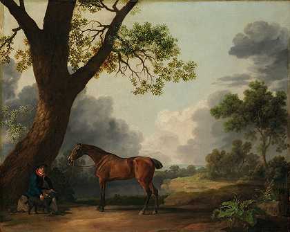 多塞特第三公爵猎人带着新郎和狗`The Third Duke of Dorsets Hunter with a Groom and a Dog (1768) by George Stubbs