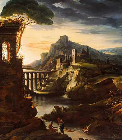 傍晚水渠景观`Evening; Landscape with an Aqueduct (1818) by Théodore Géricault