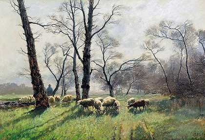 牧羊人和他的羊群在黄昏的灯光下`Shepherd with His Flock in the Evening Light by August Fink