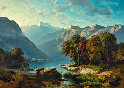 日内瓦湖风景`View of Lake Geneva by Alexandre Calame