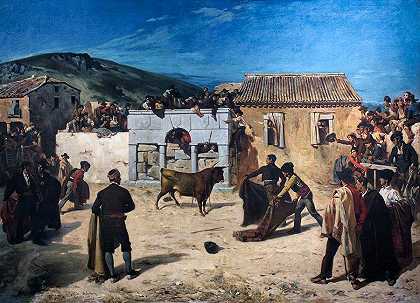 西班牙的公牛赛跑`Running of the Bulls in Spain by Alfred Dehodencq