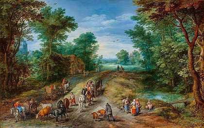 树木繁茂的旅游景观`Wooded Landscape with Travelers by Jan Brueghel the Elder