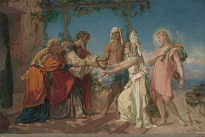 托比亚斯带着他的新娘莎拉来到他父亲托比的家`Tobias Brings His Bride Sarah to the House of His Father, Tobit (1830–82) by Henri Lehmann
