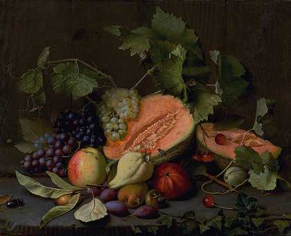 瓜果和葡萄的静物画`Still Life With Melons And Grapes (1851) by Otto Didrik Ottesen