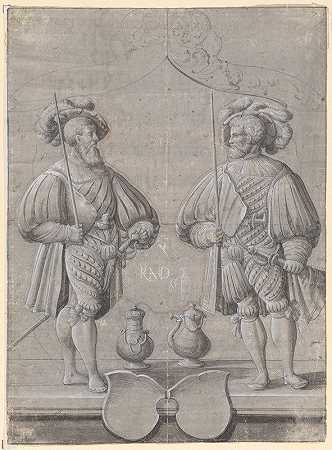 圆盘撕裂，有两个碾米者，包括两个空的臂膀`Scheibenriss mit zwei Reisläufern, darunter zwei leere Wappenschilde (1540) by Hans Rudolf Manuel