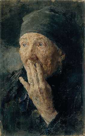 一个手放在嘴上的老妇人的头`Kopf einer alten Frau mit der Hand am Mund by Karoline Kubin