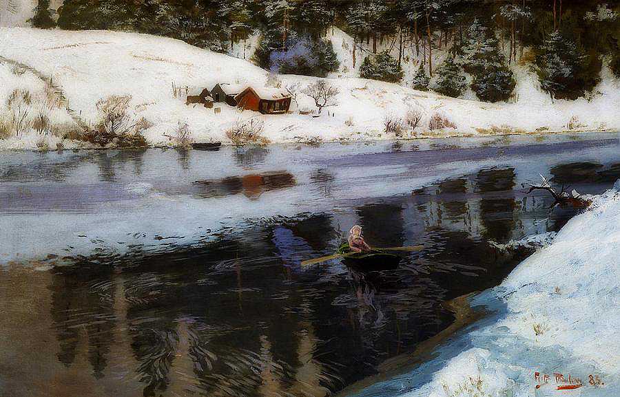 西莫阿河的冬天`Winter at the River Simoa by Frits Thaulow