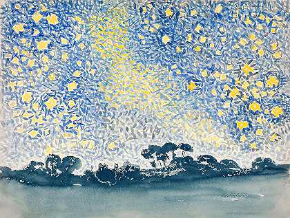 星光灿烂的风景`Landscape with Stars by Henri-Edmond Cross