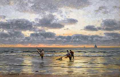 黎明捕鱼`Fishing at Dawn by Eugen Ducker