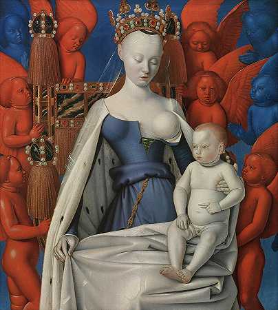 被天使包围的女子和孩子`Virgin and Child Surrounded by Angels by Jean Fouquet
