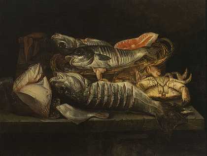 桌子上有鱼和甲壳类动物的静物画`Still Life with Fish and Crustaceans on a Table by Abraham van Beijeren