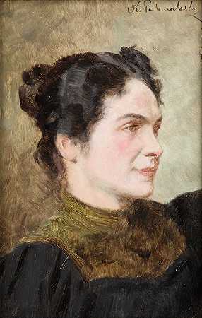 一位微笑的女士的肖像`Portrait of a Smiling Lady (1885) by Kazimierz Pochwalski