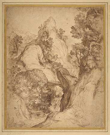 有瀑布的岩石景观`Rocky Landscape with a Waterfall (1570–1575) by Girolamo Muziano