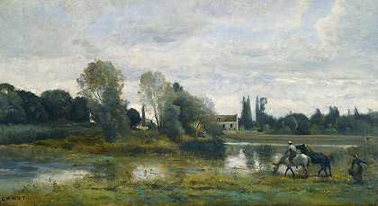 城市D阿夫雷L马饮水机`Ville Davray; Labreuvoir Des Chevaux (circa 1860~65) by Jean-Baptiste-Camille Corot