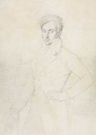 一个年轻人站在基里纳尔的肖像，背景是图里斯·科米图姆`Portrait of a Young Man Standing on the Quirinal with the Turris Comitum in the Background (1800s) by Jean Auguste Dominique Ingres