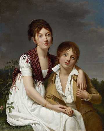 艾米莉·贾斯汀和查尔斯·埃杜阿德·庞托瓦的肖像`Portrait Of Amélie~Justine And Charles~Édouard Pontois (1800) by Adèle Romany