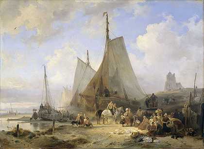 海滩上的渔船上，渔夫和妇女在整理捕获物`Fishing Boats on the Beach with Fishermen and Women Sorting the Catch (1835) by Wijnand Nuijen