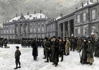 阿马林堡宫殿的卫兵换岗`Changing of the Guard at Amalienborg Palace by Paul Fischer