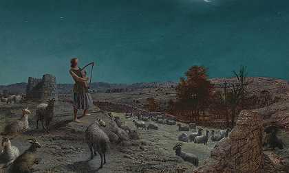 大卫，未来的以色列国王，在伯利恒当牧羊人`David, The Future King of Israel, While a Shepherd in Bethlehem by John Rogers Herbert