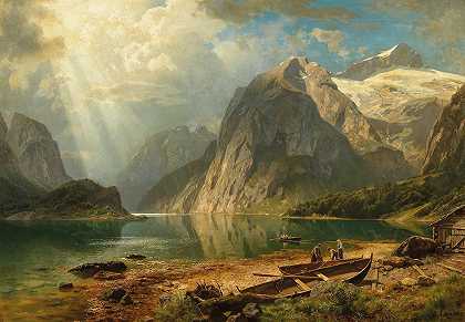峡湾风景`A Fjord Landscape (1888) by August Wilhelm Leu