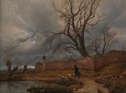 风暴中的流浪者`Wanderer in the Storm (1835) by Carl Julius von Leypold