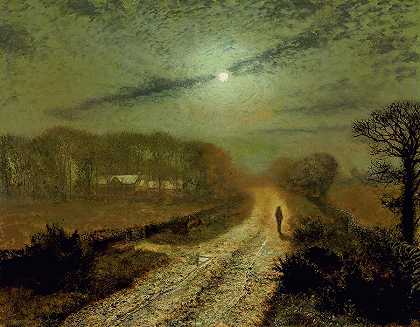 月光下的风景`A Moonlit Landscape by John Atkinson Grimshaw