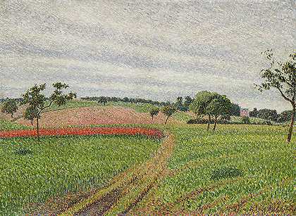 希尔维尔山坡，灰色天气`The Coteaux de Thierceville, Gray Weather by Camille Pissarro