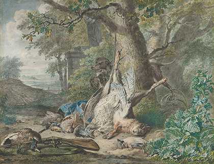 怀布兰德·亨德里克斯在森林中狩猎静物`Hunting Still Life in a Forest (1784) by Wybrand Hendriks