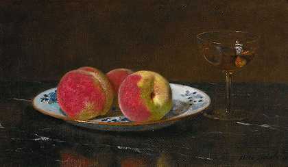 奥托·斯科德勒的《桃子与玻璃静物》`Still life with peaches and glass by Otto Scholderer