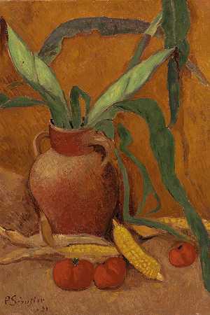 保罗·塞鲁西尔的玉米番茄静物画`Nature Morte Avec Maïs Et Tomates (1921) by Paul Sérusier