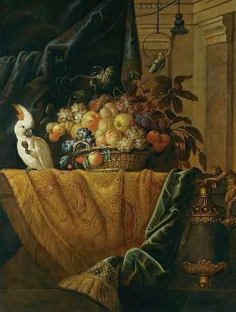 一幅静物画，一篮水果和一只鹦鹉放在窗台上，窗台上挂着锦缎，旁边是年轻的扬·鲍威尔·吉勒曼（Jan Pauwel Gillemans）设计的一个装在奥莫鲁（Ormolu）上的斑岩花瓶`A Still Life With A Basket Of Fruit And A Parakeet Upon A Ledge Draped With A Damask Beside An Ormolu Mounted Porphyry Vase by Jan Pauwel Gillemans the Younger