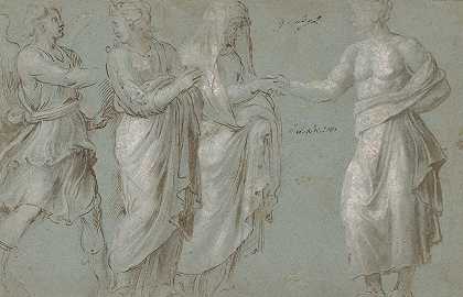 一个有翅膀的人，两个女人和一个男人`A Winged Figure, two Women, and a Man (early–mid~16th century) by Biagio Pupini