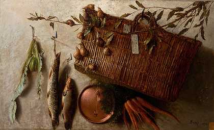 奥古斯托·费里的鱼缸`Straw Basket with Fish (1890) by Augusto Ferri