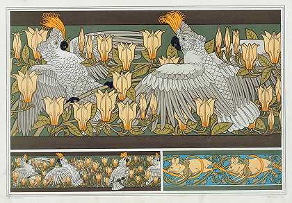 花生和木兰，边缘。白老鼠。`Cacatoës et magnolia, bordure. Souris blanches. (1897) by Maurice Pillard Verneuil