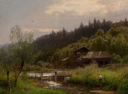 农家院`Farm House by the Creek by the Creek by Hermann Ottomar Herzog