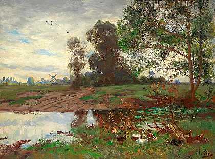 池塘里的鸭子`Ducks at the Pond by Adolf Lins